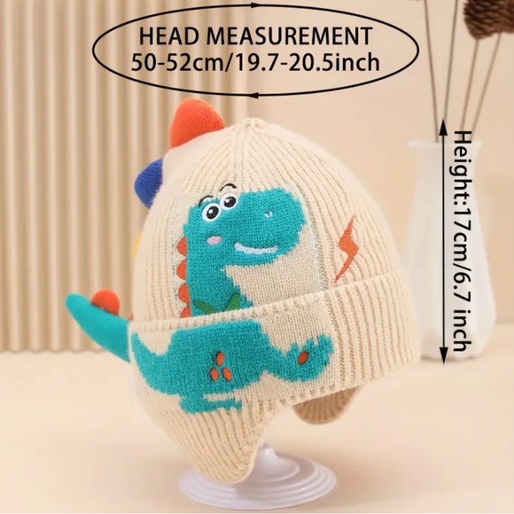 🦕 Kids Dinosaur Tail Knitted Ear Flap Beanie Double Layered Ear Protection Hat - Picture 4 of 9